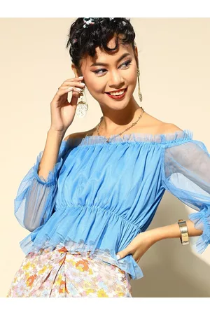 BAESD Off-Shoulder Puff Sleeves Smocking Detail Net Bardot Top