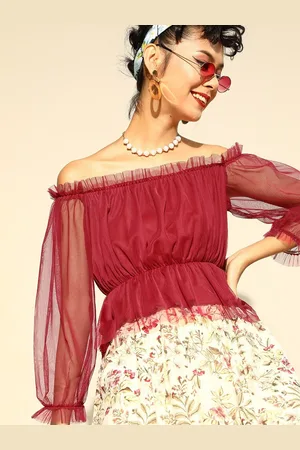 BAESD Off-Shoulder Puff Sleeve Net Bardot Top