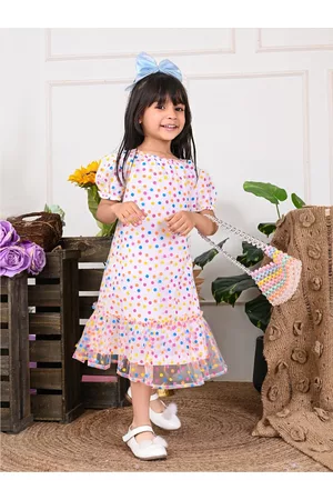 LilPicks Girls Polka Dot Printed Drop Waist Midi Dress