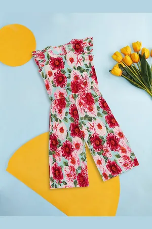 Pantaloons Girls Floral Print Flutter Sleeve Pure Cotton Top With Palazzos