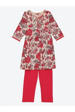 Biba Girls Pink & Green Floral Printed Cotton Gotta Patti Straight Kurta & Leggings