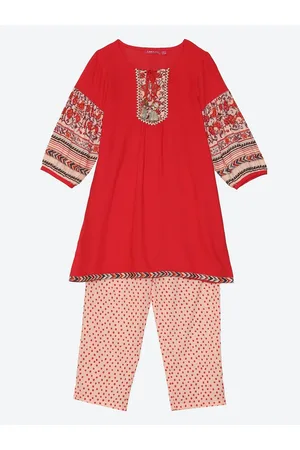 Biba Girls Red & Peach-Coloured Ethnic Motifs Yoke Design Straight Kurta with Palazzos