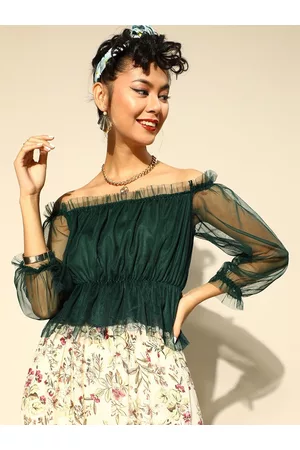 BAESD Off-Shoulder Puff Sleeves Net Bardot Top