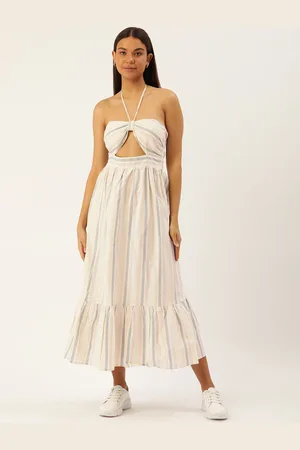 Forever 21 Striped Halter Neck Linen Cotton Maxi Dress