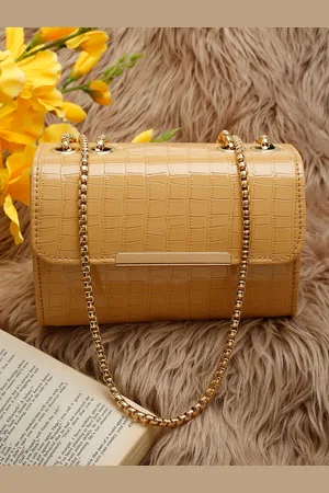 DressBerry Yellow Textured Structured Sling Bag with Fringed