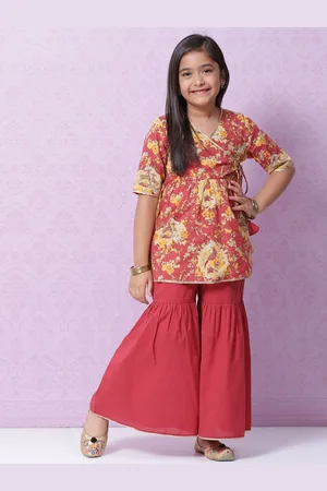 Biba Girls Red & Yellow Ethnic Motifs Pure Cotton Printed Angrakha Kurta with Sharara