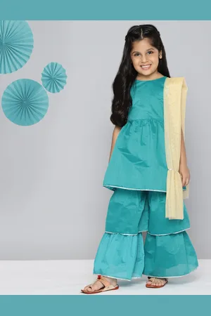 YK Girls Turquoise Blue Solid Kurta with Sharara & Dupatta