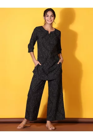 JISORA Black & Beige Ethnic Motifs Printed Pure Cotton Kurti With Palazzos