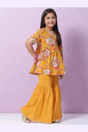Biba Girls Mustard Yellow & Pink Ethnic Motifs Printed Angrakha Cotton Kurta with Sharara