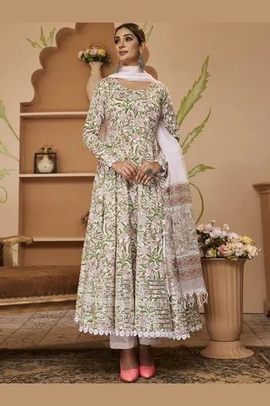 Divena World Floral Printed Anarkali Pure Cotton Kurta with Trousers & With Dupatta