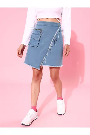 DOLCE CRUDO Women Blue Pure Cotton Frayed Hem Pocket Detail Denim Skirt