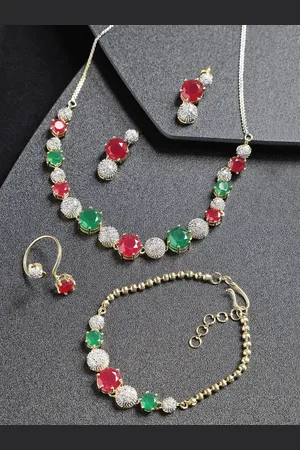 Anouk Gold-Plated Green & Pink Stone-Studded Necklace With Earring, Bracelete & Ring