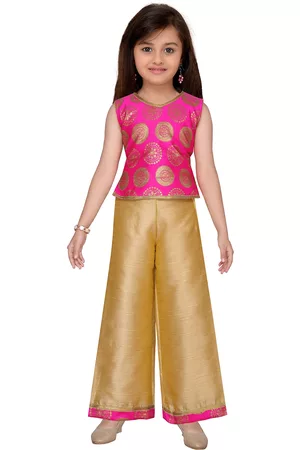 ADIVA Girls Pink & Gold-Coloured Self Design Kurta with Palazzos