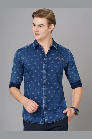 BRITISH CLUB Smart Slim Fit Floral Printed Denim Casual Shirt