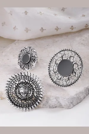 Anouk Set of 3 Silver-Plated Oxidised Afgan Adjustable Finger Rings