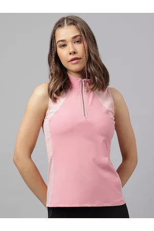 Fitkin Women Pink Colourblocked High Neck Tennis T-shirt