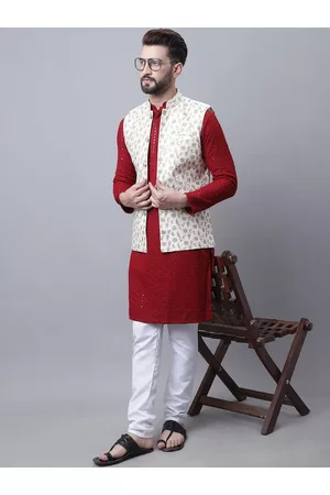 SOJANYA Men Ethnic Pyjamas - Men Maroon Ethnic Motifs Embroidered Regular Thread Work Pure Cotton Kurta with Pyjamas