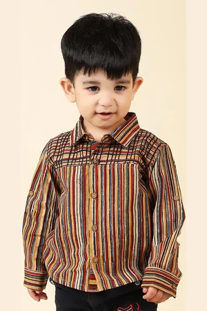 Fabindia Boys Roll-Up Sleeves Striped Casual Cotton Shirt