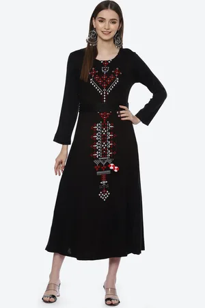 Rangriti Women Black & Red Embroidered Cotton A-Line Midi Dress
