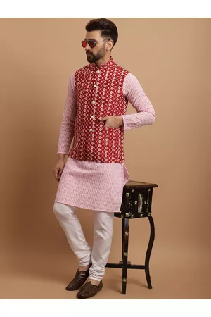 SOJANYA Men Ethnic Pyjamas - Men Pink Ethnic Motifs Embroidered Regular Thread Work Pure Cotton Kurta with Pyjamas