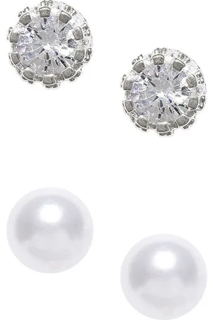 OOMPH Women Silver Round Crown Cubic Zirconia & White Pearl Set of 2 Stud Earrings