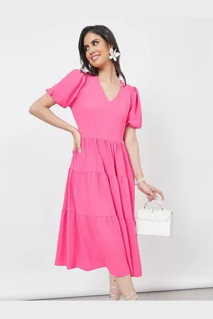 Styli Pink Tiered Fit & Flare Midi Dress