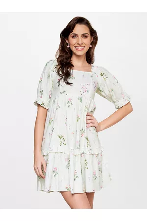 AND Green Floral Linen A-Line Dress