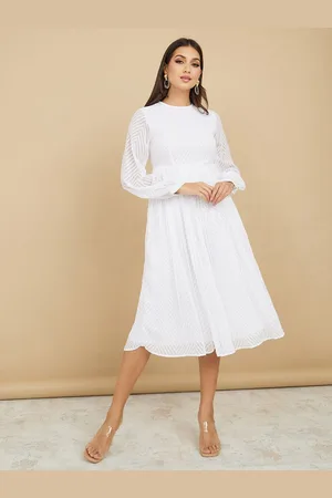 Styli Self Design Puff Sleeves Midi A-Line Dress