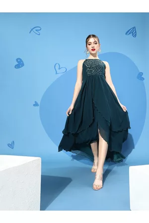 Miss Chase Women Tranquil Teal Solid Tiered Dress