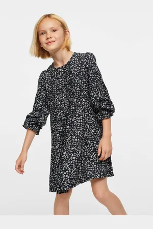 MANGO Girls Floral Printed Puff Sleeves Sustainable Drop-Waist Dress