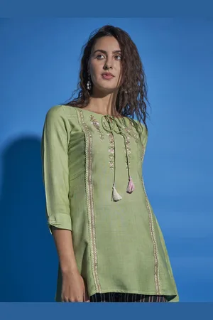 Sangria Green Floral Embroidered Tie-Up Neck Top