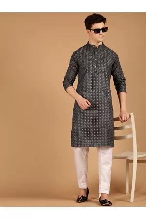 SOJANYA Men Ethnic Pyjamas - Men Black Ethnic Motifs Printed Regular Kurta with Pyjamas