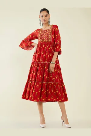 Soch Red Ethnic Motifs Printed Tiered Fit & Flare Midi Ethnic Dress