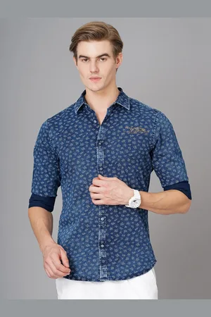 BRITISH CLUB Smart Slim Fit Floral Printed Denim Casual Shirt