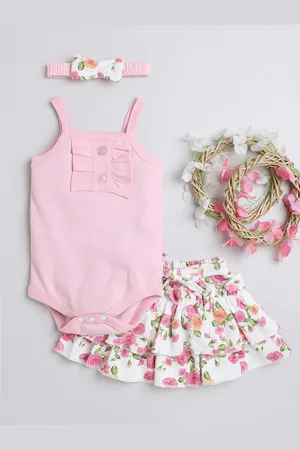 BUMZEE Infants Girls Printed Cotton Bodysuit With Skirt Set With Headband