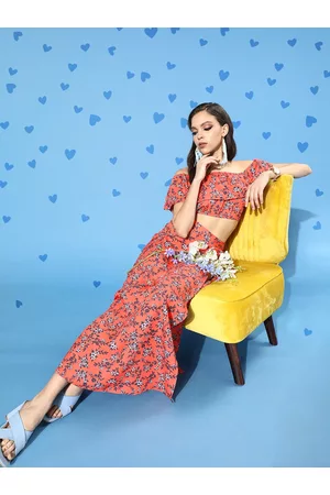 Berrylush Orange Floral Off-Shoulder Crepe Maxi Dress