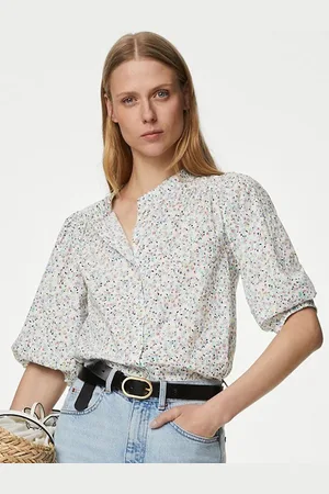 Marks & Spencer Floral Printed Puff Sleeve Pure Cotton Shirt Style Top