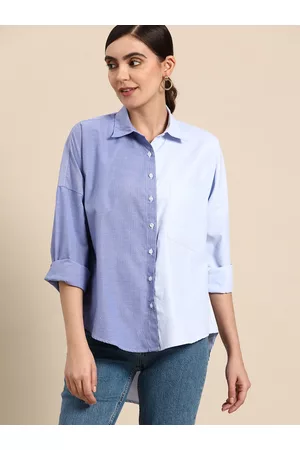 DENNISON Women Blue Smart Boxy Opaque Colourblocked Casual Shirt