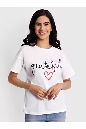iki chic Women White Printed Drop-Shoulder Sleeves T-shirt