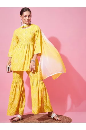 indo street Bandhani Printed A-Line Pleated Kurti with Sharara & Dupatta