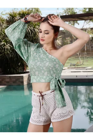 Sera Women Green Floral Print One Shoulder Long Sleeves Crop Top