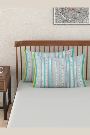 Fabindia Blue & Pink 2 Pieces Striped Cotton Pillow Covers