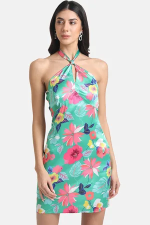 Kazo Green Floral Halter Neck Satin Sheath Dress
