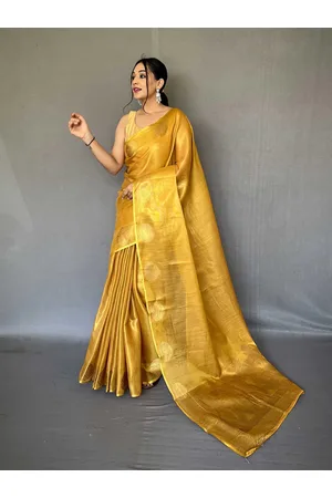 Mitera Yellow & Gold-Toned Woven Design Zari Tissue Saree