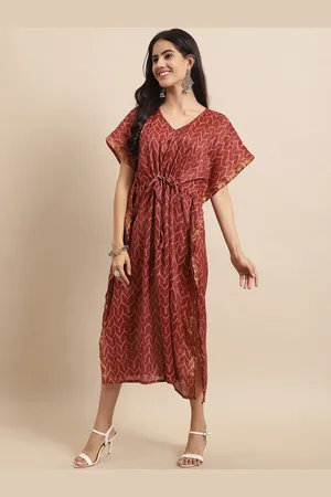 Kalini Geometric Printed Gathers Detailed Silk Kaftan Dress
