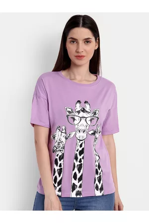 iki chic Women Lavender Printed Raw Edge T-shirt