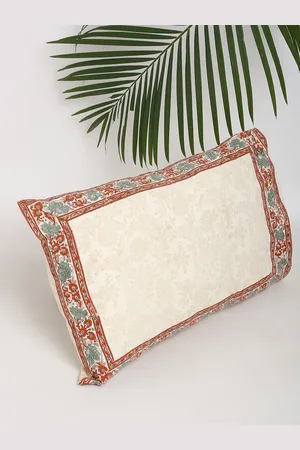 Fabindia Beige & Coral Red-Colored Floral Printed Cotton Pillow Cover