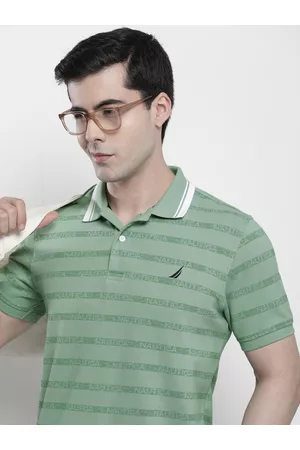 Nautica Brand Logo Striped Polo Collar Pure Cotton T-shirt