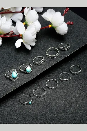 Sangria Set Of 10 Silver-Plated & Blue Stone-Studded Finger Rings