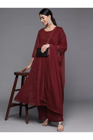 Inddus Women Maroon Floral Embroidered Chikankari Kurta with Palazzos & With Dupatta